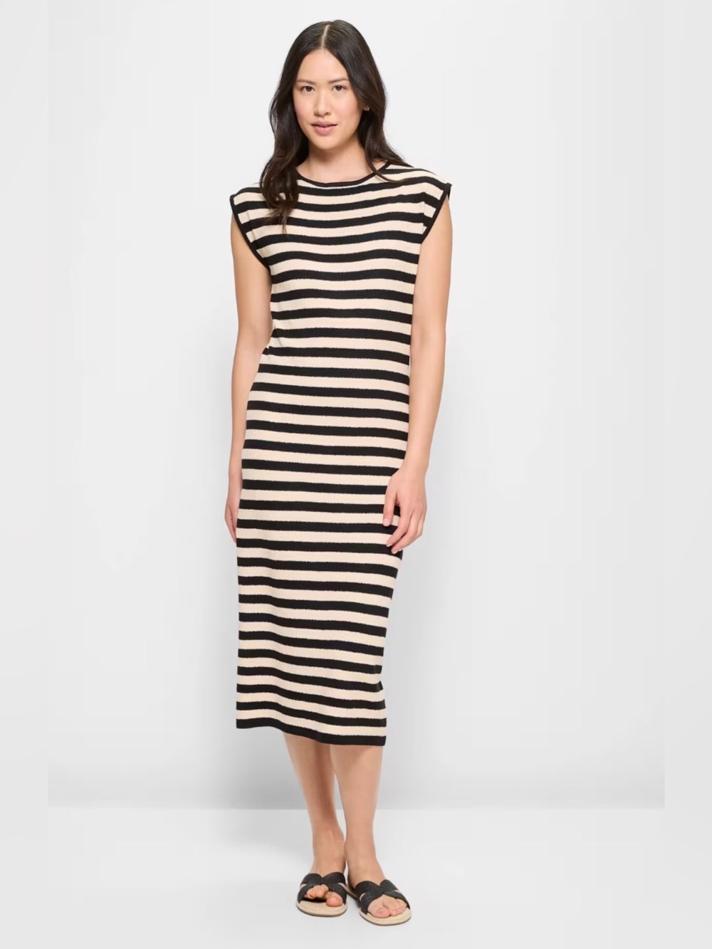 Black & Khaki Horizontal Stripe Waffle Knit Midi Dress Medium EUC